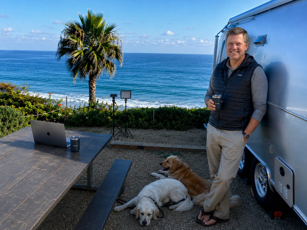 Rick Smith by the ocean, leaning on an Airstream with two dogs at his feet